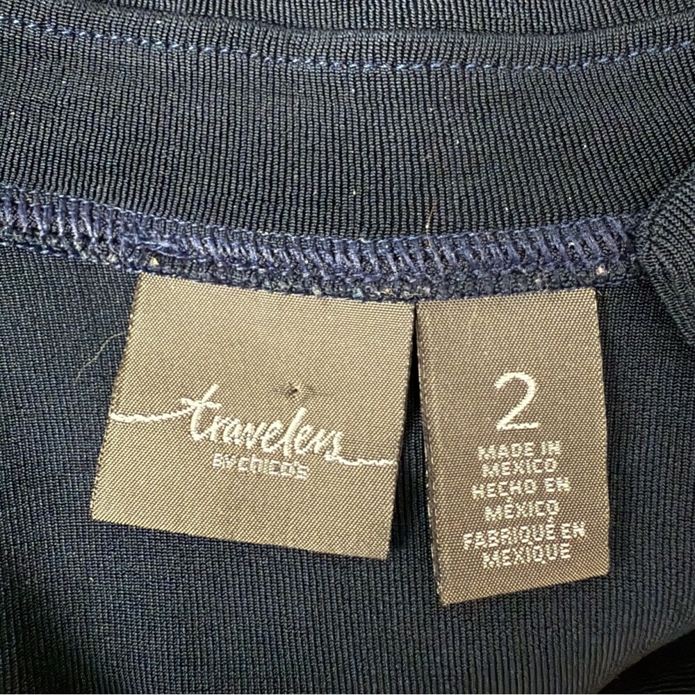 Chico's Travelers 2 L Collared V-Neck Pullover Tunic Navy Blue 3/4 Sleeve Slinky - Picture 6 of 11